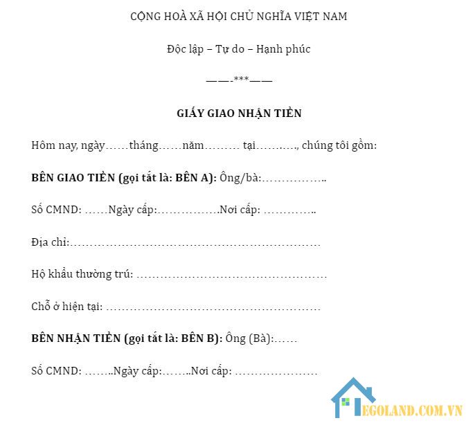 Mẫu giấy biên nhận tiền mua bán nhà đất mới nhất 2021