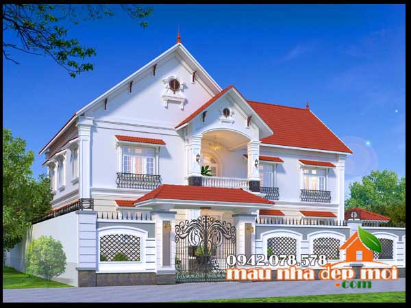 Biệt thự 2 tầng mái thái tân cổ điển có 6 phòng ngủ