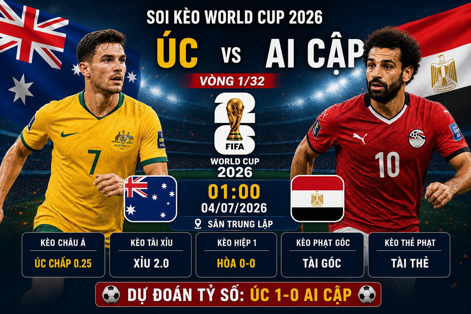 Soi kèo Úc vs Ai Cập, 1h ngày 4/7 – vòng 1/32 World Cup 2026